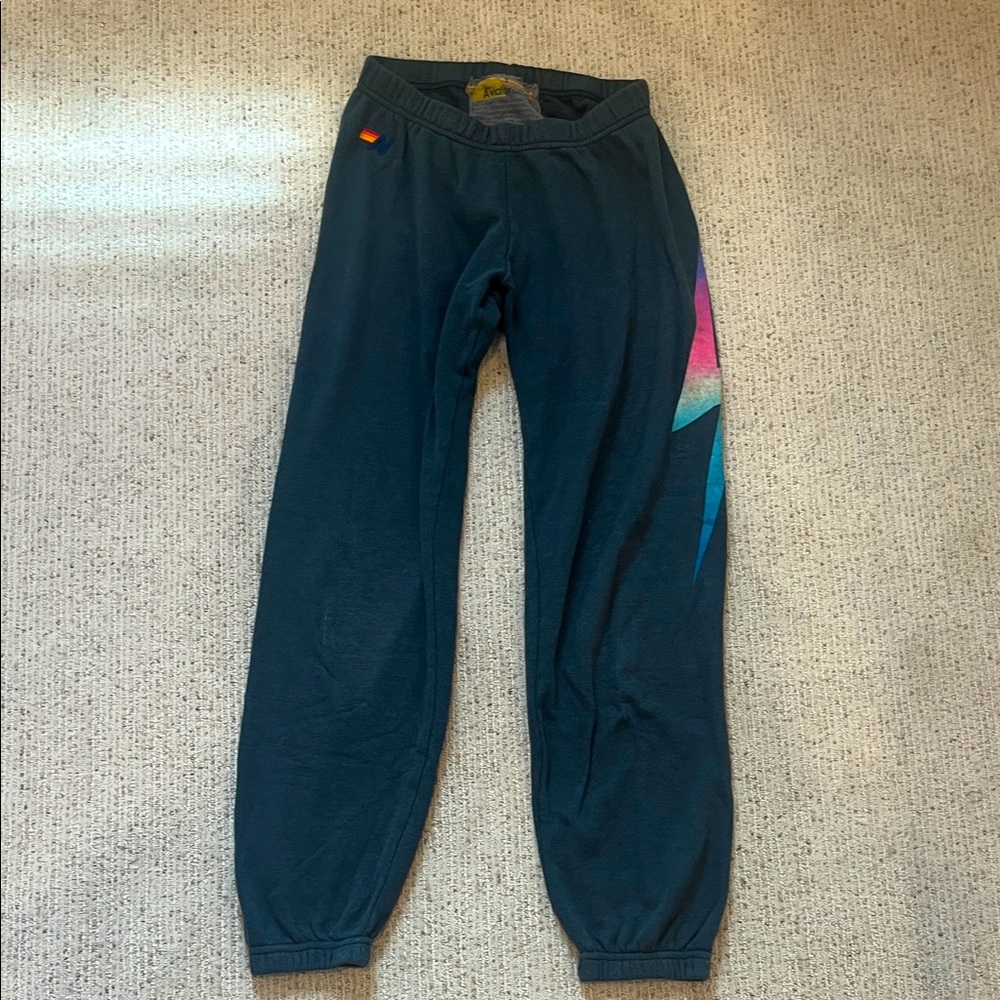 Aviator Nation Dark Gray Sweatpants With Rainbow Lightning Bolt